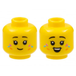 Minifigure, Head Dual Sided Child Female Black Eyebrows, Dark Azure, Orange, and Magenta Sprinkles, Grin / Open Smile with Teeth Pattern - Hollow Stud: {ярко жълт}