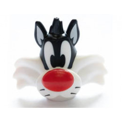 Minifigure, Head, Modified Looney Tunes Sylvester with Red Nose, White Face and Neck Pattern: {черен}