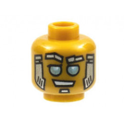 Minifigure, Head Alien Robot with Silver Eyebrows and Soul Patch, Gold Sideburns, and Metallic Light Blue Eyes Pattern - Hollow Stud : {топло златист}