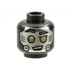 Minifigure, Head Alien Robot with Silver Face, Screws on Cheeks, and Gold Eyes, Eyebrows, and Lips Pattern - Hollow Stud: {титаниево метален}