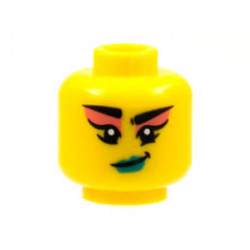 Minifigure, Head Female Black Eyebrows, Coral Eye Shadow, Smirk with Dark Turquoise Lips Pattern - Hollow Stud: {ярко жълт}