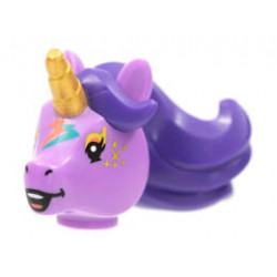 Minifigure, Head, Modified Unicorn with Molded Dark Purple Mane and Printed Gold Horn, Freckles, and Dark Turquoise and Coral Lightning Bolts Pattern : {умерено лавандулов}