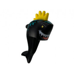 Minifigure, Head, Modified Shark with Yellow Spiked Hair, Fin, Tail, Dark Turquoise Spots and Wide Grin with Teeth, Coral Tongue Pattern : {черен}