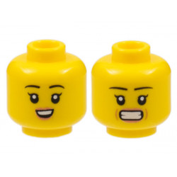 Minifigure, Head Dual Sided Female, Black Eyebrows, Peach Lips, Small Smile with Teeth / Stressed Pattern - Hollow Stud: {ярко жълт}