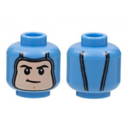 Minifigure, Head Balaclava, Light Nougat Face, Black Eyebrows, Lopsided Grin, Medium Nougat Chin Cleft Pattern - Hollow Stud: {умерено син}