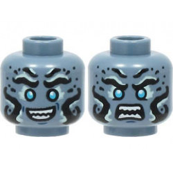 Minifigure, Head Dual Sided Alien with Black and Light Aqua Eyebrows and Markings, Medium Azure Eyes, Open Mouth Smile / Angry with Bared Teeth Pattern - Hollow Stud : {пясъчно син}