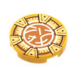 Tile, Round 2 x 2 with Bottom Stud Holder with Gold Frame with 6 Chevrons, Dark Orange and White Core Logo Pattern: {топло златист}