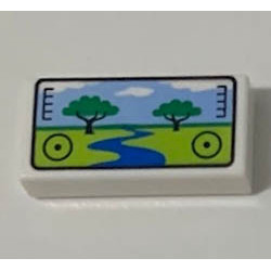 Tile 1 x 2 with Groove with Viewfinder Screen Image of Safari Park with 2 Trees and River Pattern: {бял}