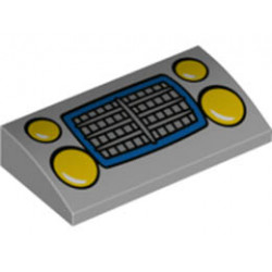 Slope, Curved 2 x 4 x 2/3 with Bottom Tubes with Yellow Car Headlights and Silver Grille with Blue Border Pattern: {умерено каменно сив}