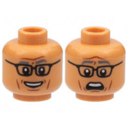 Minifigure, Head Dual Sided, Dark Bluish Gray Eyebrows, Black Glasses, Reddish Brown Contour Lines, Smile / Scared Pattern - Hollow Stud : {нуга}