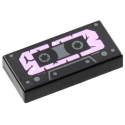 Tile 1 x 2 with Cassette Tape with Bright Pink Tattered Label Pattern: {черен}