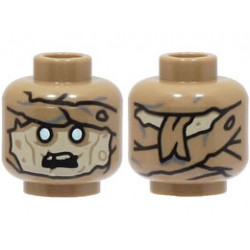 Minifigure, Head Alien Mummy with Tan Face, White and Metallic Light Blue Eyes, Black Open Mouth, Wraps on Forehead and Back Pattern - Hollow Stud : {пясъчно жълт}