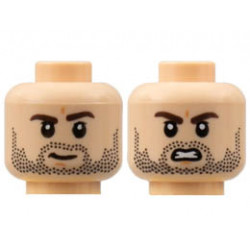Minifigure, Head Dual Sided, Dark Brown Eyebrows, Black Stubble, Slight Grin / Scowl with Gritted Teeth Pattern - Hollow Stud: {светло нуга}