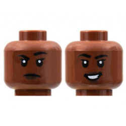 Minifigure, Head Dual Sided Female, Black Eyebrows, Dark Brown Lips, Raised Right Eyebrow / Smile with Teeth Pattern - Hollow Stud: {червеникаво-кафяв}
