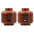 Minifigure, Head Dual Sided Female, Black Eyebrows, Dark Brown Lips, Raised Right Eyebrow / Smile with Teeth Pattern - Hollow Stud: {червеникаво-кафяв}