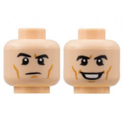 Minifigure, Head Dual Sided, Black Eyebrows, Medium Nougat Cheek Lines, Raised Right Eyebrow / Grin with Teeth Pattern - Hollow Stud : {светло нуга}