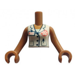Torso Mini Doll Woman White Vest with Paw Print, ID Badge, and Pockets Pattern, Medium Nougat Arms with Hands : {умерен нуга}