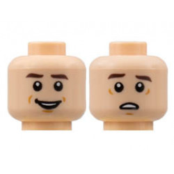 Minifigure, Head Dual Sided, Dark Brown Eyebrows, Small Smile / Scared Pattern - Hollow Stud: {светло нуга}