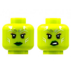 Minifigure, Head Dual Sided Alien Female Silver Tattoos, Gold Eye Shadow, Dark Green Lips, Neutral / Sneer Pattern - Hollow Stud: {ярко жълто-зелен}