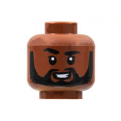 Minifigure, Head Black Eyebrows, Right Raised, Beard, Smile Showing Teeth Pattern - Hollow Stud: {червеникаво-кафяв}