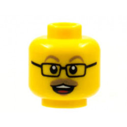 Minifigure, Head Dark Tan Eyebrows and Moustache, Black Glasses, Open Mouth with Teeth and Tongue Pattern - Hollow Stud: {ярко жълт}