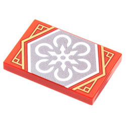 Tile 2 x 3 with White 6-Pointed Shuriken on Silver Background with Gold Trim Pattern (Ninjago Teamwork Banner): {ярко червен}
