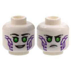 Minifigure, Head Dual Sided Female Alien, Black Eyebrows, Bright Green Eyes, Silver Lips, Dark Purple Circuitry, Smile / Frown Pattern - Hollow Stud : {бял}