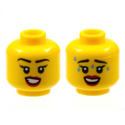 Minifigure, Head Dual Sided Female Black Eyebrows, Red Lips, Smile with Teeth / Worried with Sweat Pattern - Hollow Stud: {ярко жълт}