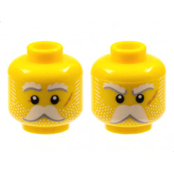 Minifigure, Head Dual Sided White Eyebrows, Moustache, and Whiskers, Medium Nougat Scar on Left Cheek, Neutral / Angry Pattern - Hollow Stud: {ярко жълт}