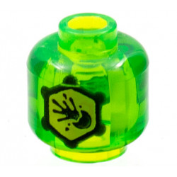Minifigure, Head without Face with Yellow Hexagon with Black Outline and Exploding Ball Pattern on Both Sides - Vented Stud: {прозрачно ярко зелен}