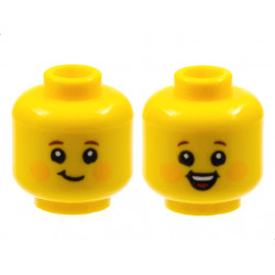 Minifigure, Head Dual Sided Child Reddish Brown Eyebrows, Bright Light Orange Circles on Cheeks, Lopsided Grin / Open Mouth Smile with Top Teeth and Red Tongue Pattern - Hollow Stud: {ярко жълт}