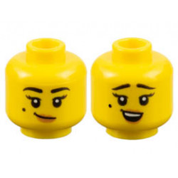 Minifigure, Head Dual Sided Female Black Eyebrows and Beauty Mark, Medium Nougat Lips, Lopsided Grin / Surprised Pattern - Hollow Stud : {ярко жълт}