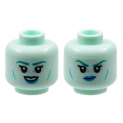 Minifigure, Head Dual Sided Alien Female Dark Turquoise Eyebrows, Silver Freckles, Dark Azure Lips, Cheek Lines, Smile / Scowl Pattern - Hollow Stud: {аквамарин}