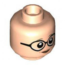 Minifigure, Head Dual Sided Female, Dark Tan Eyebrows, Large Black Round Glasses, Peach Lips, Grin / Surprised with Open Mouth Pattern - Hollow Stud : {светло нуга}