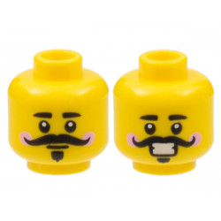 Minifigure, Head Dual Sided, Black Eyebrows, Curly Moustache, Van Dyke Beard, Bright Pink Cheeks, Neutral / Smile with Teeth Pattern - Hollow Stud: {ярко жълт}