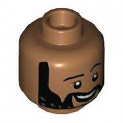 Minifigure, Head Black Eyebrows and Beard with White Spots, Reddish Brown Lines over Eyes, Smile with Teeth Pattern - Hollow Stud: {умерен нуга}