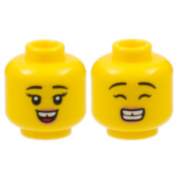 Minifigure, Head Dual Sided Female, Black Eyebrows, Gap in Teeth, Smile with Tongue / Wide Grin with Teeth and Closed Eyes Pattern - Hollow Stud: {ярко жълт}