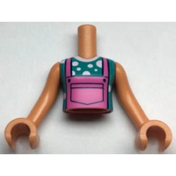 Torso Mini Doll Girl Dark Pink Overalls over Dark Turquoise and White Polka Dots T-Shirt Pattern, Nougat Arms with Hands: {нуга}