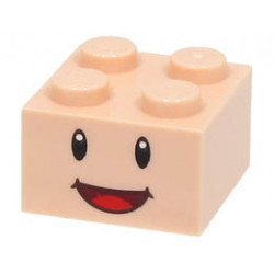 Brick 2 x 2 with Black Eyes, White Pupils, and Dark Red Open Mouth Smile with Red Tongue Pattern (Super Mario Yellow Toad Face): {светло нуга}