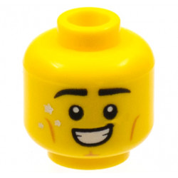 Minifigure, Head Black Eyebrows, Gold Stars, Medium Nougat Cheek Lines and Cleft Chin, Smile with Teeth Pattern - Hollow Stud: {ярко жълт}