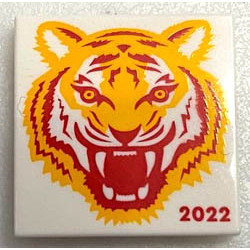 Tile 2 x 2 with Groove with Bright Light Orange and Red Tiger Head and 2022 Pattern (BAM): {бял}