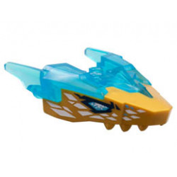 Dragon Head (Ninjago) Jaw Upper with Horns with Molded Pearl Gold Face, Medium Azure Eyes, and White Crystals Pattern: {прозрачно светло син}