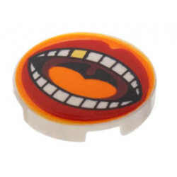 Tile, Round 2 x 2 with Bottom Stud Holder with Large Mouth, Red Lips, Orange Tongue, White Teeth with Gold Tooth Pattern: {бял}