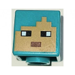 Minifigure, Head, Modified Cube with Pixelated Medium Nougat Face, Black Eyes, and Reddish Brown Mouth Pattern (Minecraft Tamer): {ярко синьо-зелен}