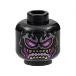 Minifigure, Head Alien Silver Flame Tattoos, Magenta and Bright Pink Eyes and Mouth, Gold Teeth Pattern - Hollow Stud: {черен}