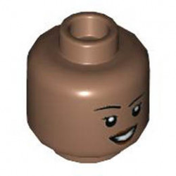 Minifigure, Head Dual Sided Female Black Eyebrows, Reddish Brown Lips, Frown with Raised Eyebrow Left / Open Mouth Smile Pattern - Hollow Stud : {умерено кафяв}