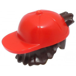 Minifigure, Hair Combo, Hair with Hat, Short Tousled Hair with Molded Red Cap, Short Curved Bill Pattern (BAM): {тъмно кафяв}
