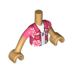 Torso Mini Doll Boy Coral Shirt with Pocket and White Flowers, Dark Blue Necklace, Undershirt Pattern, Medium Tan Arms with Hands with Coral Short Sleeves : {умерен тан}