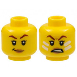 Minifigure, Head Dual Sided Female, Dark Red Eyebrows, Peach Lips, Smirk / Scowl with White Face Paint Lines Pattern - Hollow Stud: {ярко жълт}