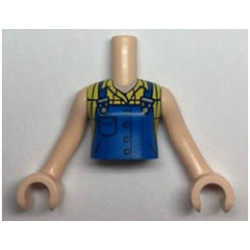 Torso Mini Doll Girl Blue Overalls over Yellow Checkered Sleeveless Blouse Pattern, Light Nougat Arms with Hands: {светло нуга}
